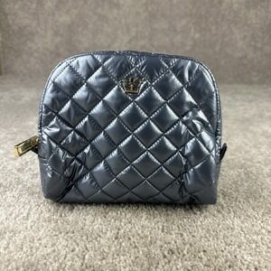 Oliver Thomas Blue Quilted Cosmetic Makeup Bag Gold Crown Logo Zip Pouch